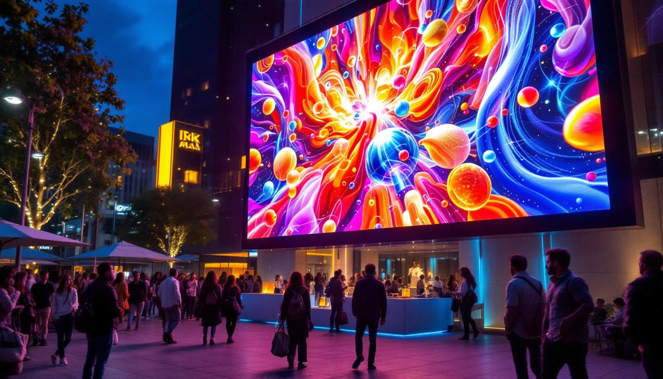 A photograph of a vibrant outdoor setting featuring a large led video sign board displaying dynamic visuals