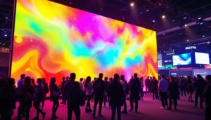 A photograph of a vibrant led display in a bustling trade show environment