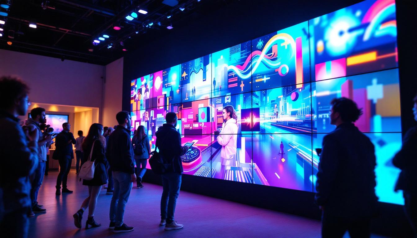 A photograph of a vibrant and modern 6 tv video wall setup in a dynamic environment