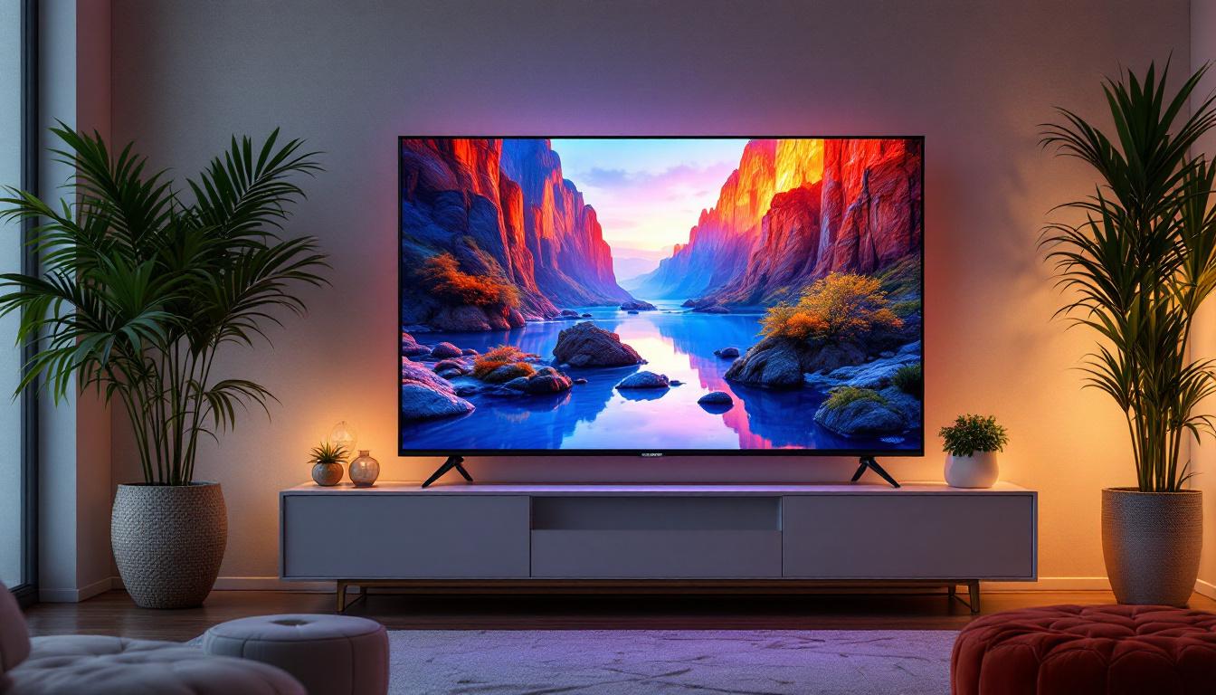 A photograph of a modern led tv displaying vibrant colors and sharp images in a stylish living room setting