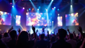 A photograph of a vibrant church service scene featuring an led projection screen displaying engaging visuals