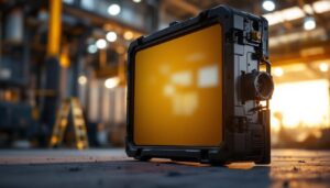 A photograph of a ruggedized led display in an outdoor or industrial setting