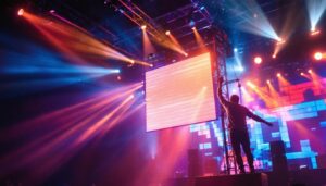A photograph of a truss lift system featuring a vibrant led display in action