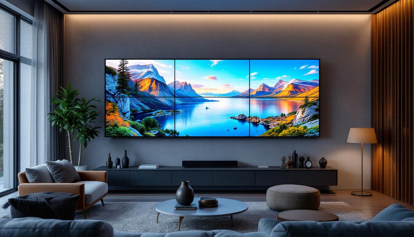 A photograph of a modern living room showcasing a stunning nine-screen led tv wall