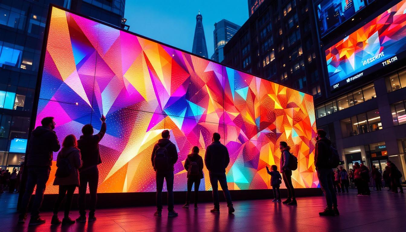 A photograph of a vibrant led display wall in an urban setting