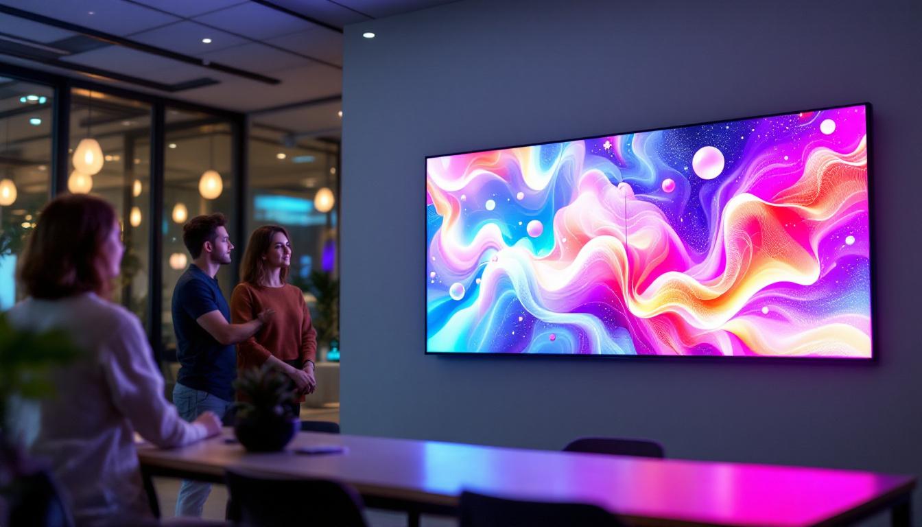 A photograph of capture a photograph of a vibrant video wall monitor displaying dynamic content in a modern setting