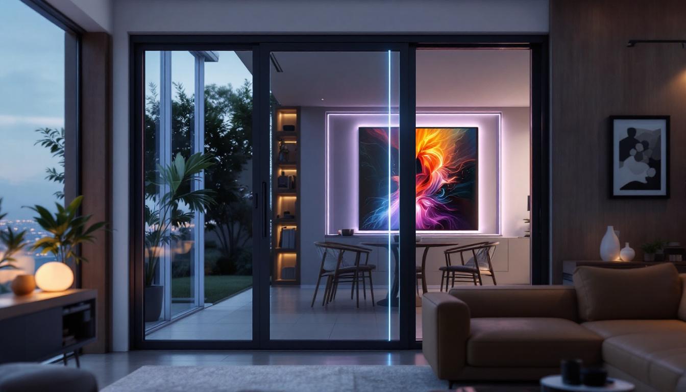 A photograph of capture a photograph of a modern mesh tech screen door featuring an illuminated led display