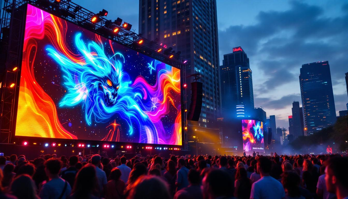 A photograph of a vibrant jumbotron display in action at a lively outdoor event