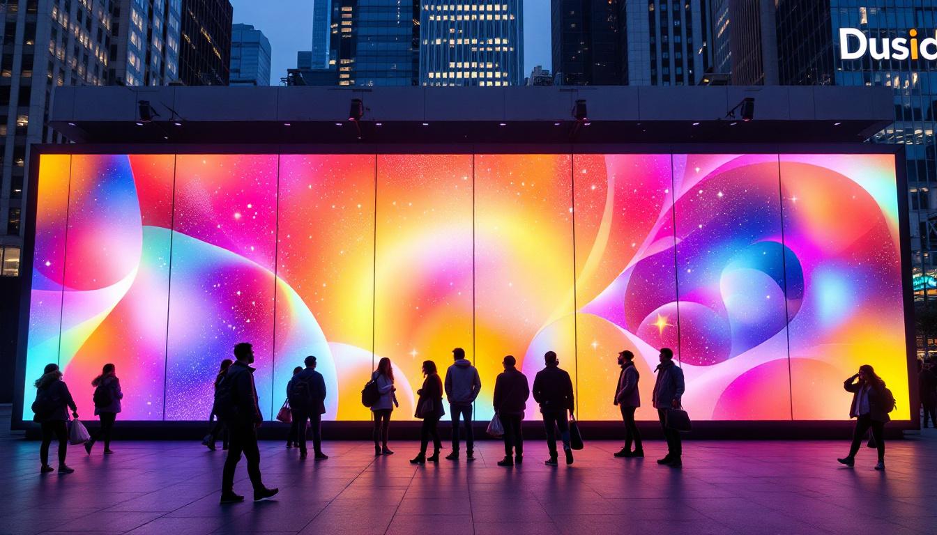 A photograph of capture a photograph of a vibrant modular led display in an urban setting