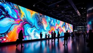 A photograph of a vibrant led video wall installation in an engaging public space