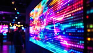 A photograph of capture a photograph of a vibrant led light board panel in a dynamic setting