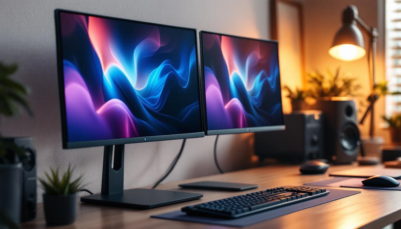 A photograph of capture a photograph of a sleek dual hp monitor stand showcasing two led displays in a well-lit workspace