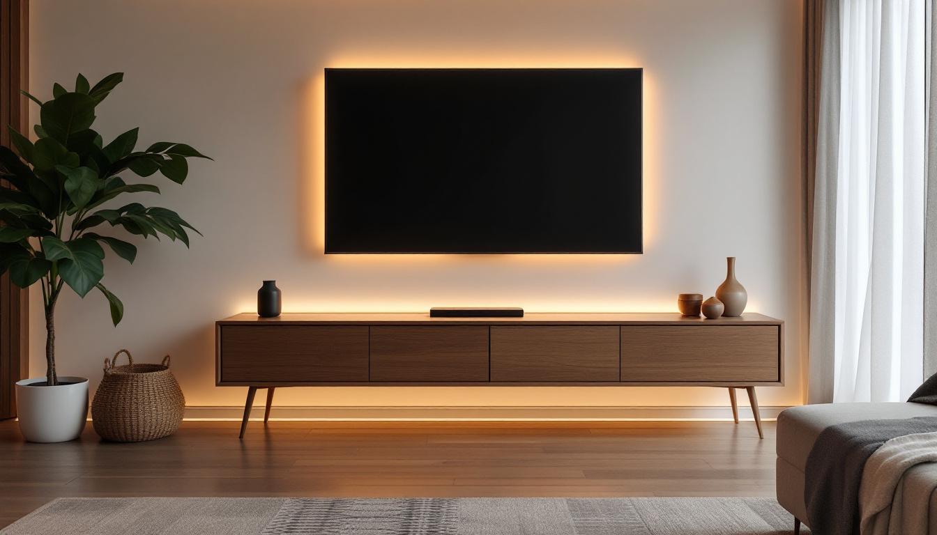 A photograph of a modern living room featuring a stylish tv panel with an integrated led display
