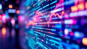 A photograph of a close-up shot of a vibrant led display in action