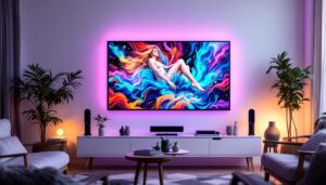 A photograph of a vibrant homemade video wall in a cozy living space