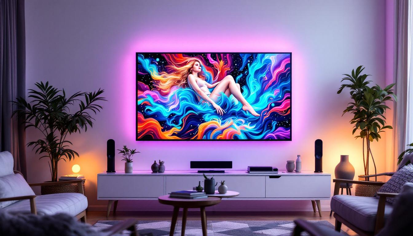 A photograph of a vibrant homemade video wall in a cozy living space