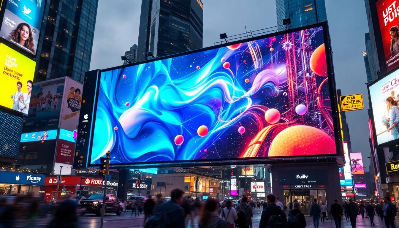 A photograph of a vibrant digital billboard displaying dynamic advertisements in an urban setting