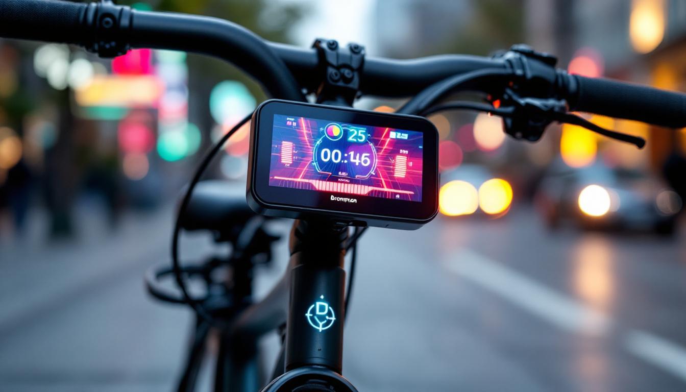 A photograph of a close-up shot of a brompton bicycle featuring its led display in action