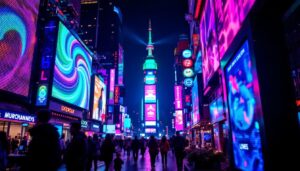 A photograph of a vibrant led display in action