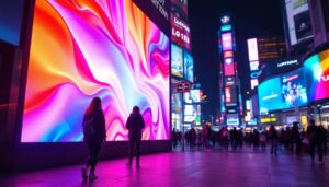 A photograph of capture a photograph of a vibrant outdoor led signage display in a bustling urban environment