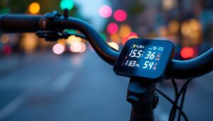 A photograph of a close-up shot of a brompton bike's led display in action