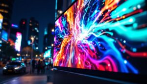 A photograph of a vibrant led display in an urban setting at night