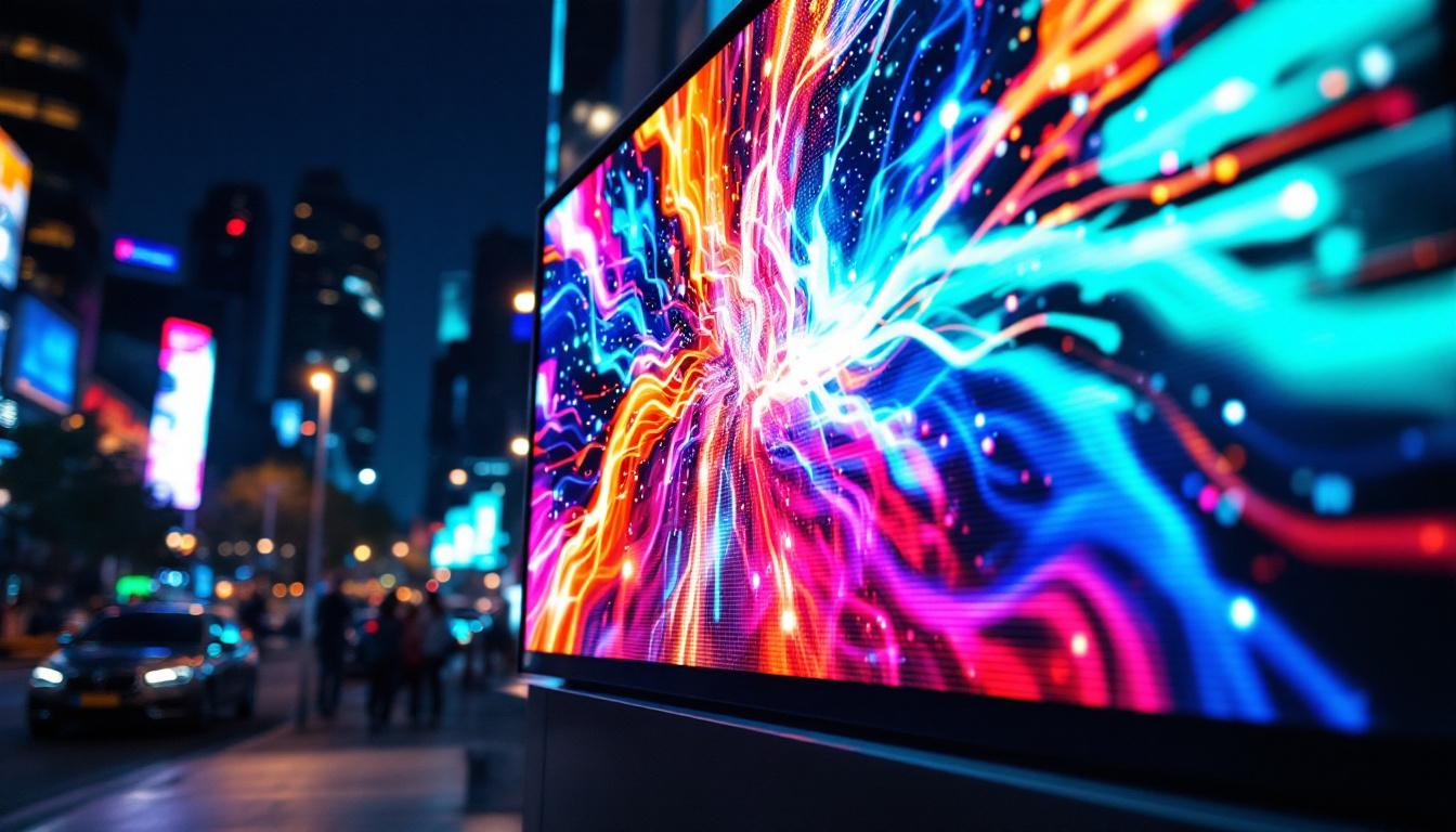 A photograph of a vibrant led display in an urban setting at night