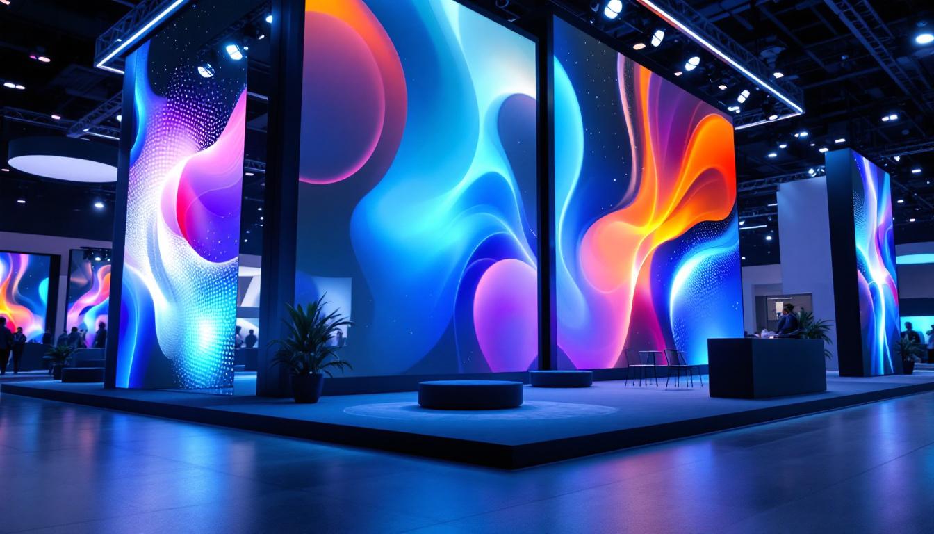 A photograph of a vibrant trade show booth featuring eye-catching led display panels in action