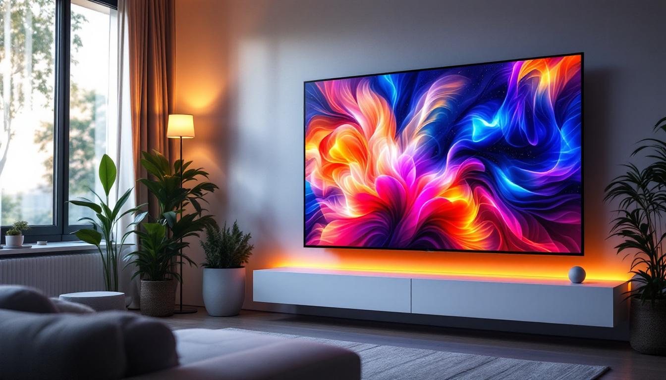 A photograph of a large led tv displaying vibrant visuals in a modern living room setting