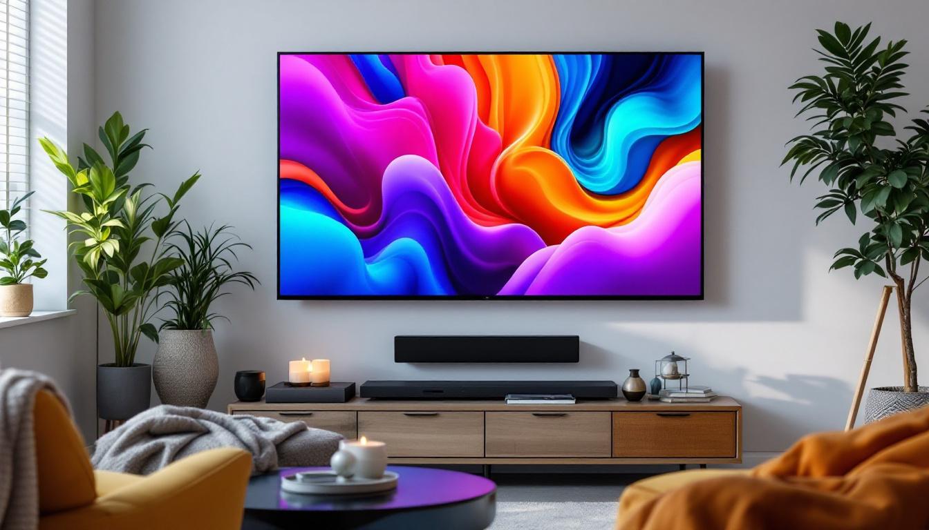 A photograph of capture a photograph of a modern living room featuring a sleek led smart tv mounted on the wall