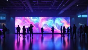 A photograph of capture a photograph of a vibrant led video wall in a dynamic setting