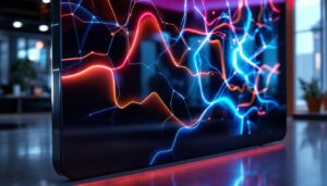 A photograph of a sleek carbon fiber led display in a modern setting