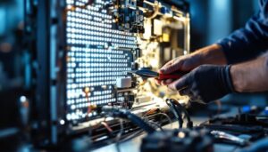 A photograph of a technician skillfully replacing an led panel in a modern television