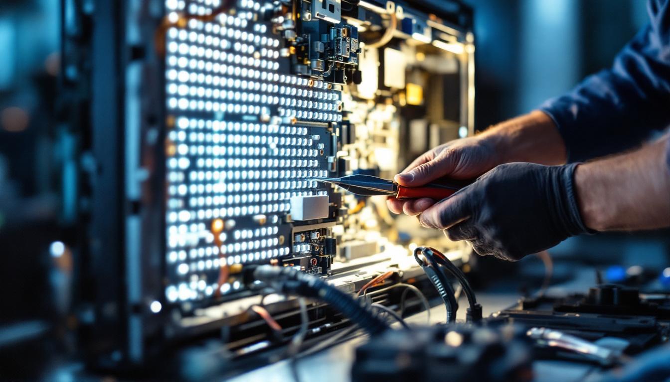A photograph of a technician skillfully replacing an led panel in a modern television