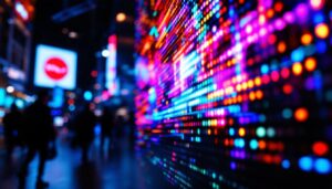 A photograph of a vibrant led display showcasing dynamic visuals