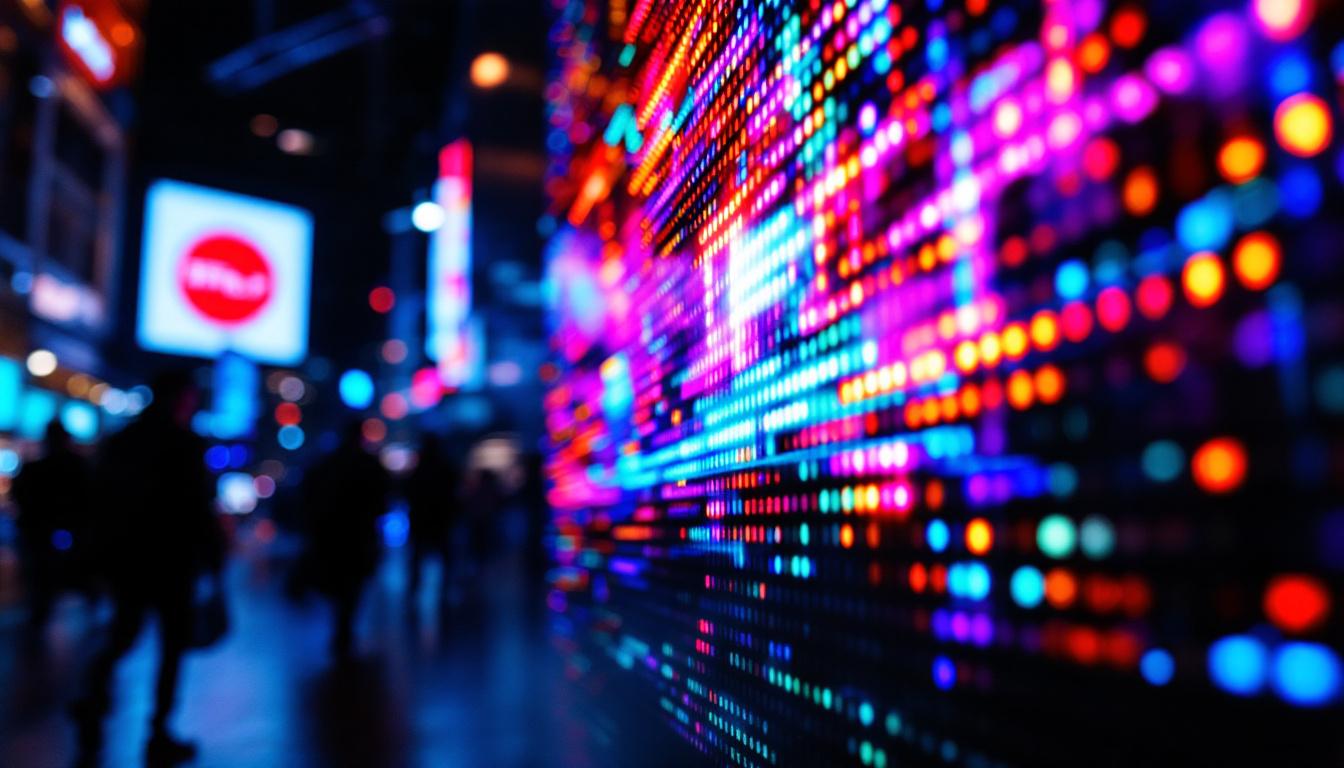A photograph of a vibrant led display showcasing dynamic visuals