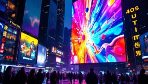 A photograph of a vibrant led display in a bustling urban environment