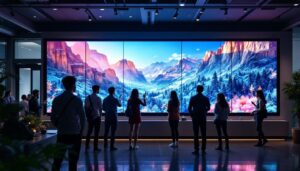 A photograph of capture a photograph of a vibrant sony led video wall in an engaging setting
