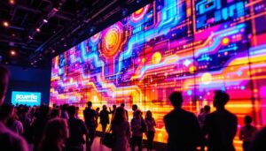 A photograph of a vibrant led display in action at a lively event
