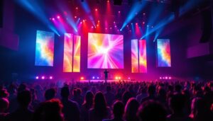 A photograph of a vibrant church stage featuring an impressive led display