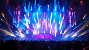 A photograph of a dynamic stage design featuring an impressive led display in action during a live performance