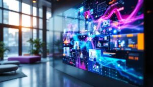 A photograph of a vibrant and dynamic video wall in a modern setting