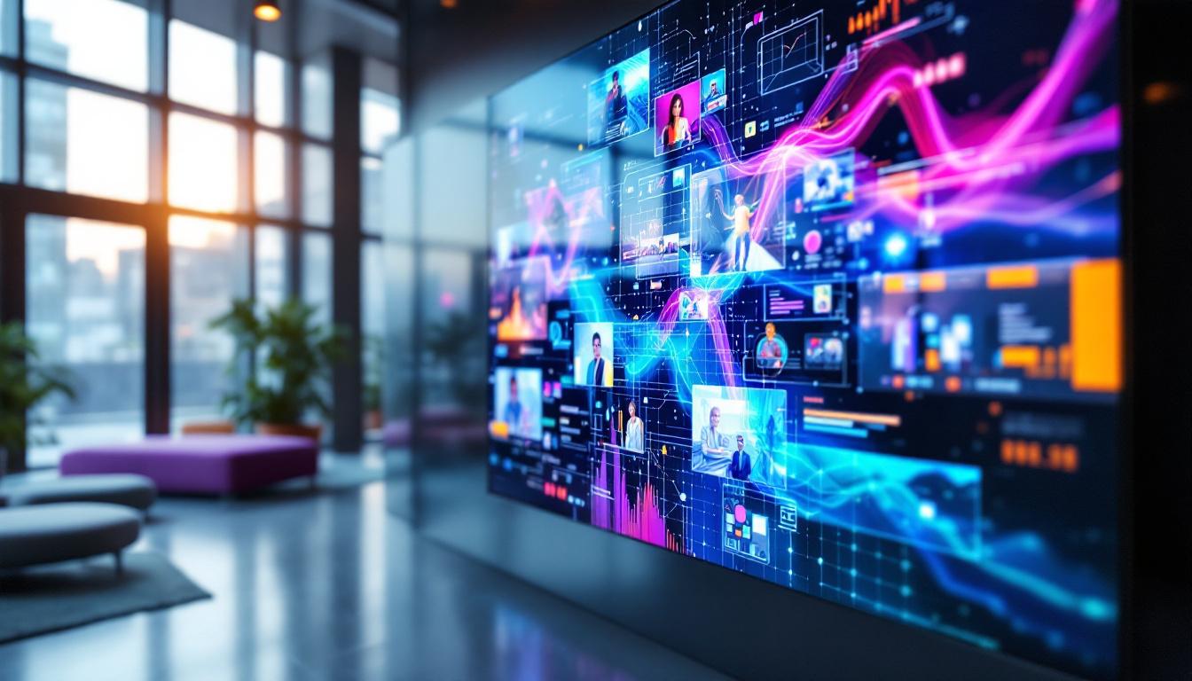 A photograph of a vibrant and dynamic video wall in a modern setting