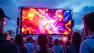 A photograph of capture a photograph of a vibrant led screen display in an outdoor event setting in albuquerque