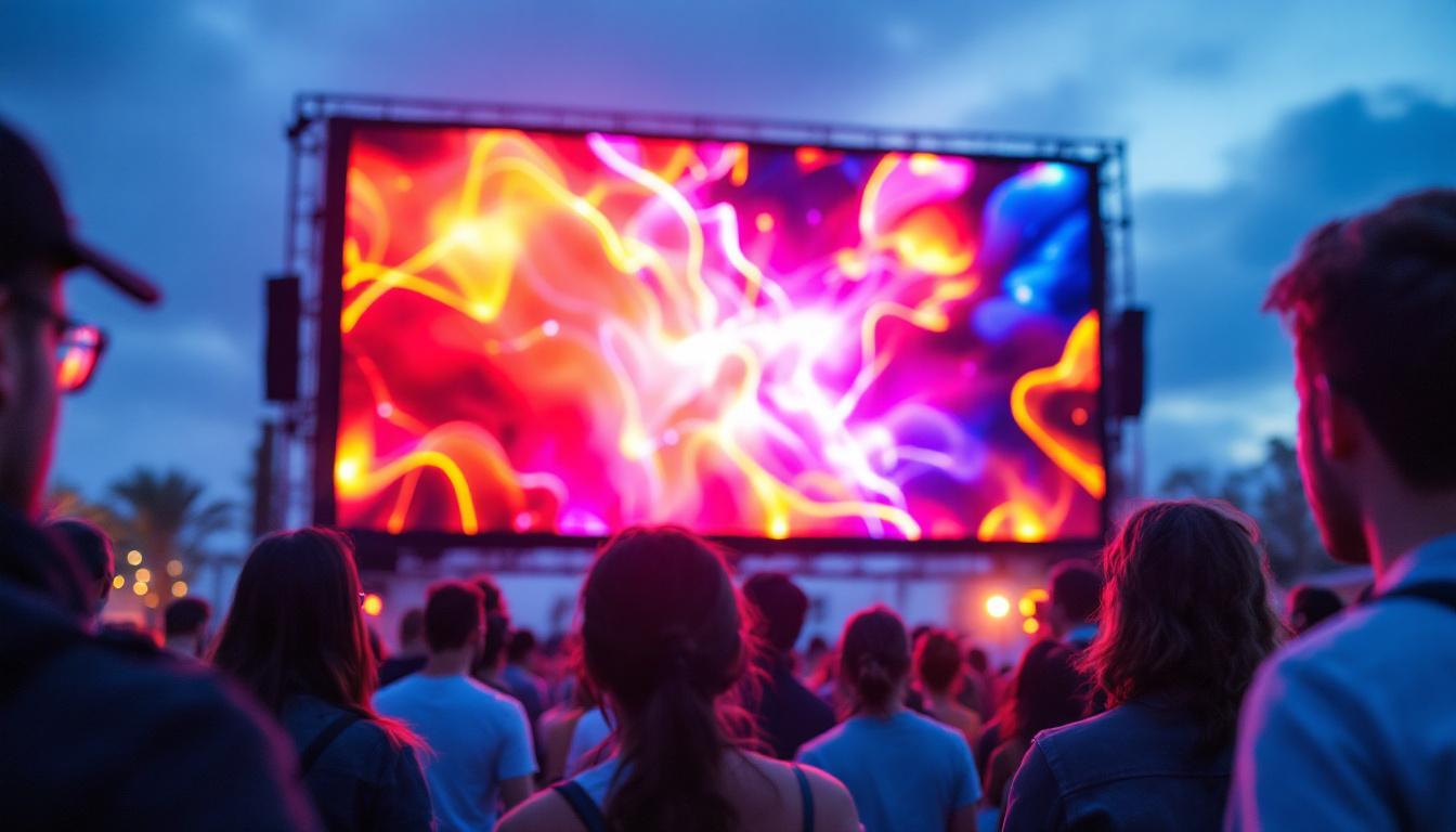 A photograph of capture a photograph of a vibrant led screen display in an outdoor event setting in albuquerque