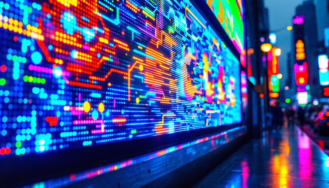 A photograph of a vibrant led display showcasing dynamic colors and patterns
