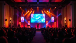A photograph of a vibrant small church interior showcasing an led display backdrop during a service or event