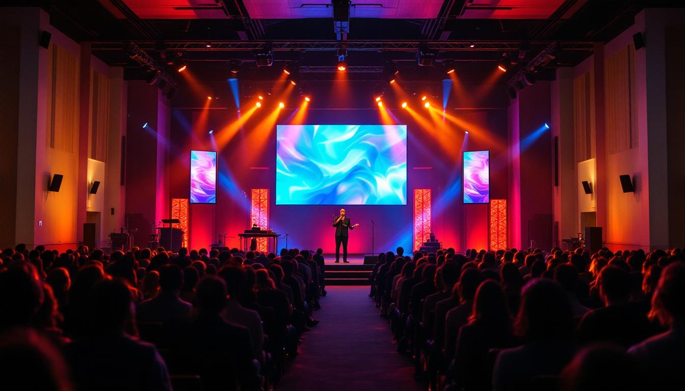 A photograph of a vibrant small church interior showcasing an led display backdrop during a service or event