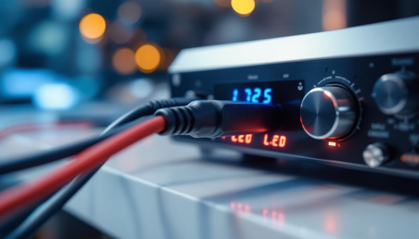 A photograph of a hospital-grade power cord connected to an audio device