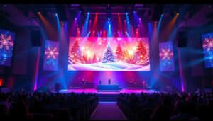 A photograph of capture a photograph of a vibrant church christmas stage featuring a large led display